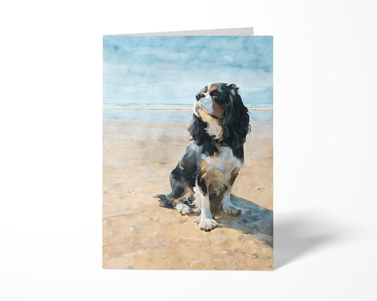Tricolor Cavalier King Charles Spaniel Beach Watercolor Note Card