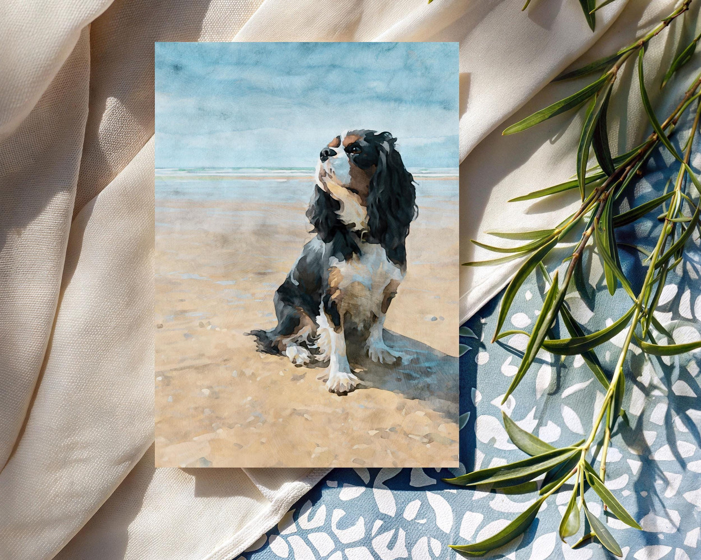 Tricolor Cavalier King Charles Spaniel Beach Watercolor Note Card