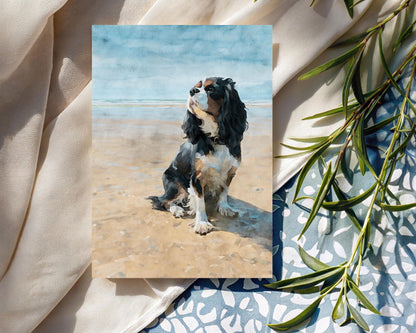 Tricolor Cavalier King Charles Spaniel Beach Watercolor Note Card